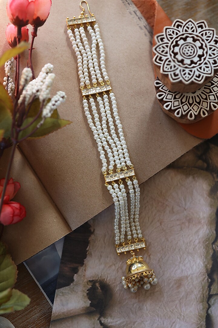 Gold Plated Kundan Polki & Pearl Braid Pin by Do Taara at Pernia's Pop Up Shop