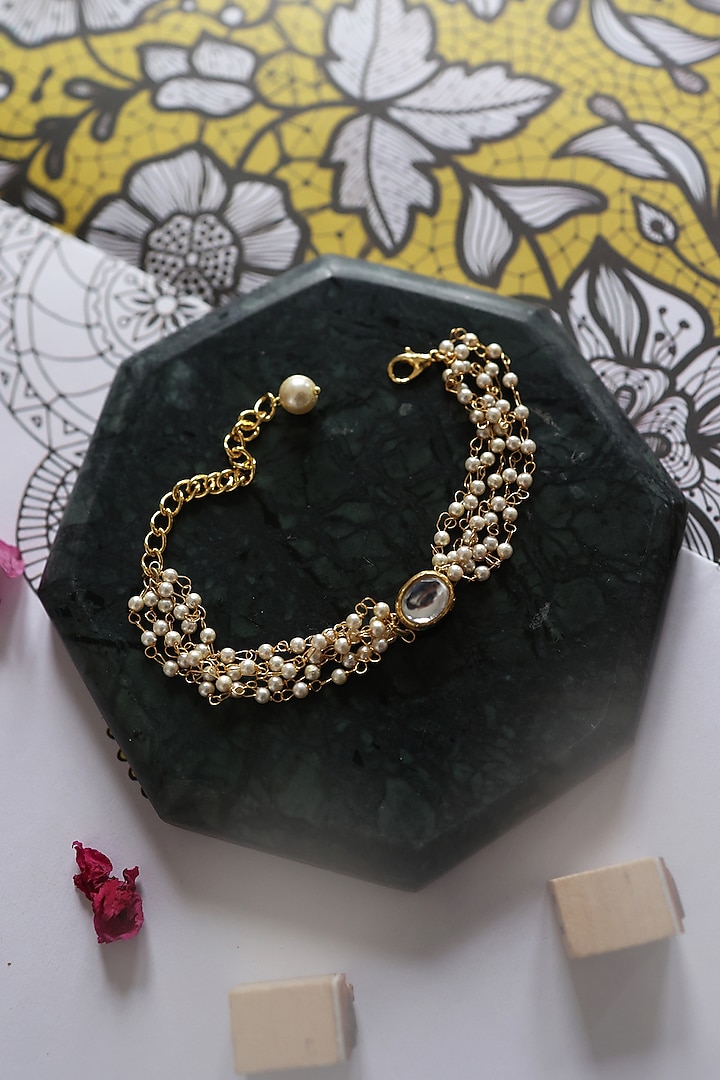 Gold Plated Kundan Polki & Pearl Bracelet by Do Taara at Pernia's Pop Up Shop