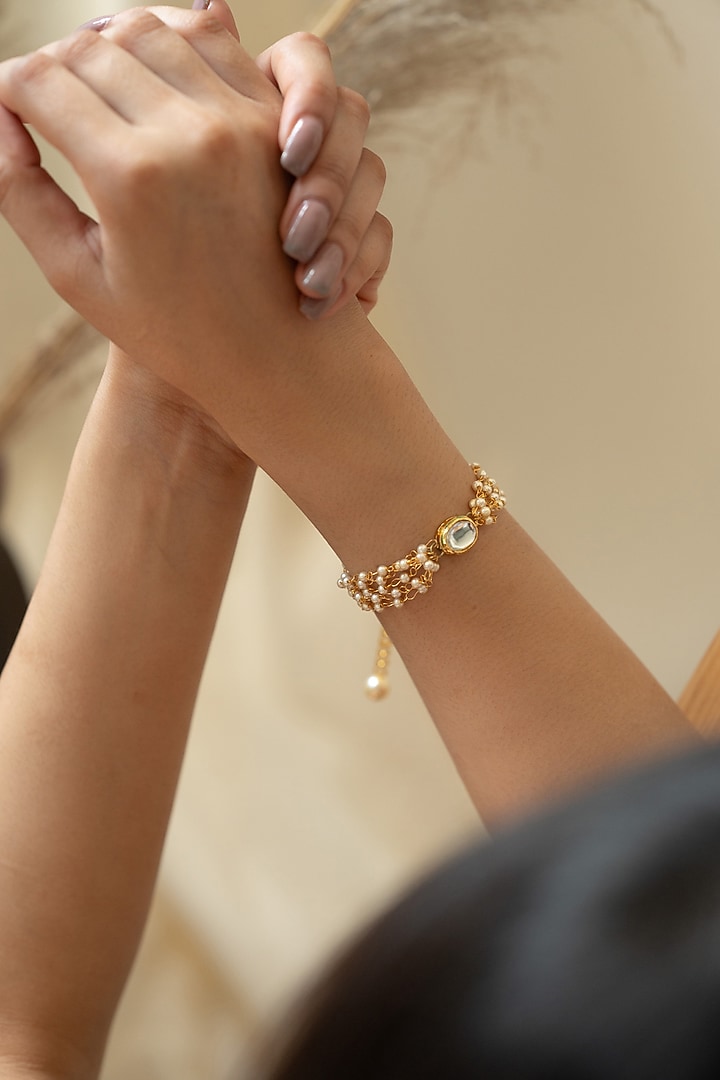 Gold Plated Kundan Polki & Pearl Bracelet by Do Taara at Pernia's Pop Up Shop