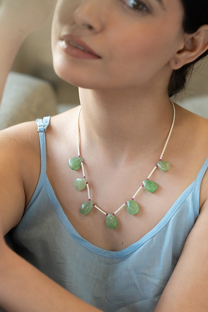 Gold Plated Mint Green Fluorite Stone & Shell Pearl Necklace by Do Taara at Pernia's Pop Up Shop
