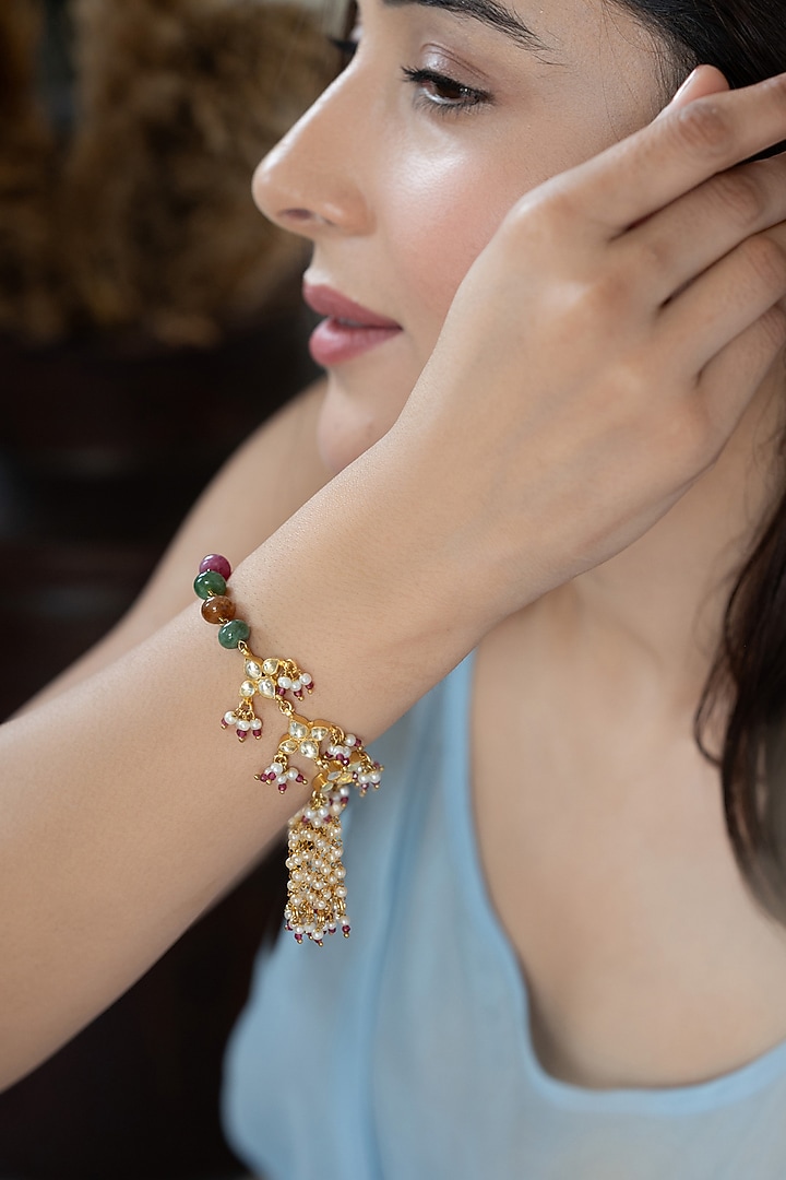 Gold Plated Kundan Polki & Natural Stone Bracelet by Do Taara at Pernia's Pop Up Shop