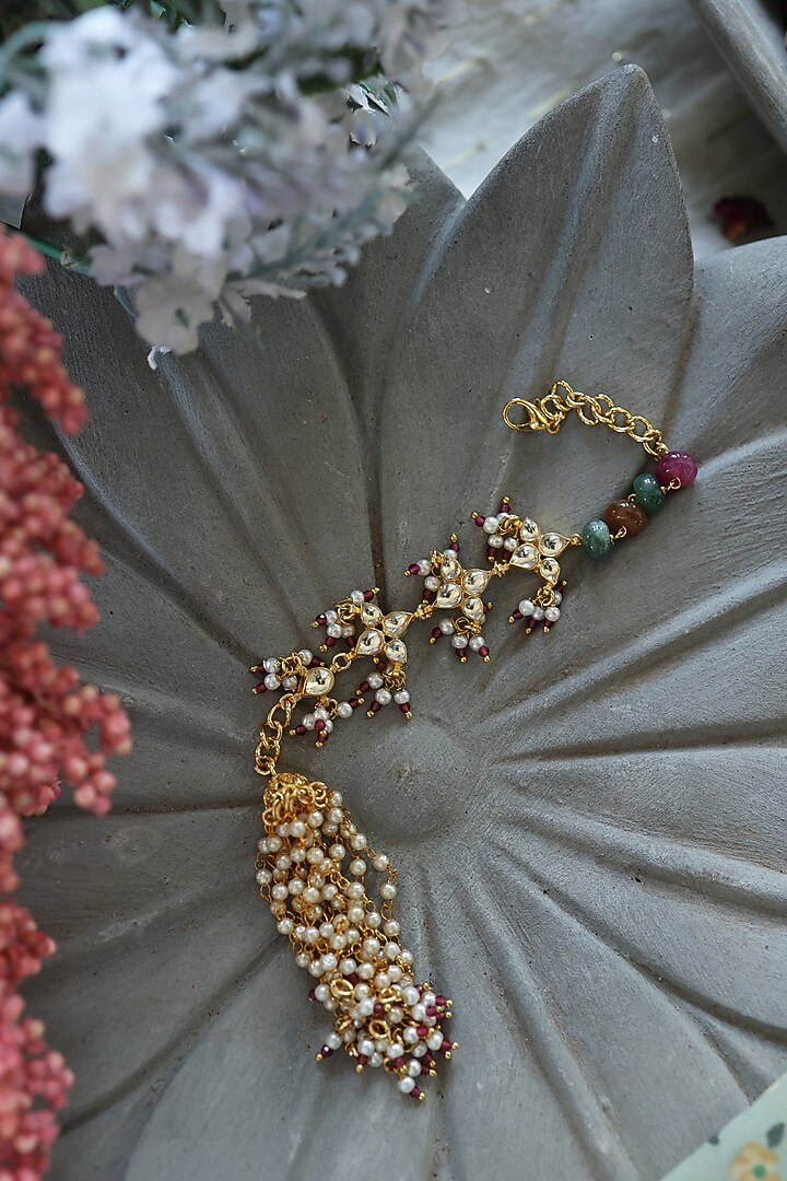 Gold Plated Kundan Polki & Natural Stone Bracelet by Do Taara at Pernia's Pop Up Shop