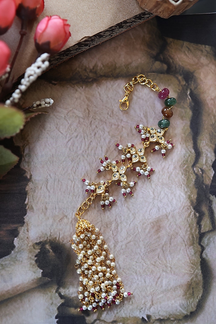 Gold Plated Kundan Polki & Natural Stone Bracelet by Do Taara at Pernia's Pop Up Shop