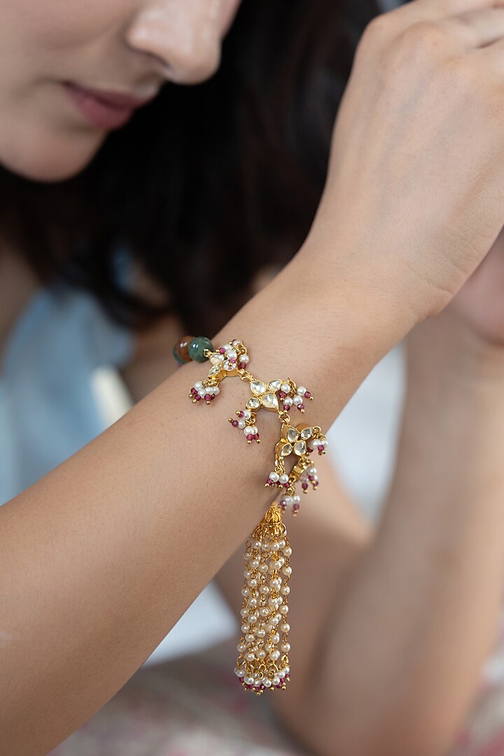 Gold Plated Kundan Polki & Natural Stone Bracelet by Do Taara at Pernia's Pop Up Shop