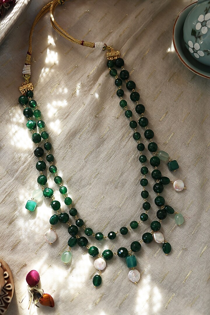 Gold Plated Green Baroque Pearl & Cubic Zirconia Layered Necklace by Do Taara at Pernia's Pop Up Shop