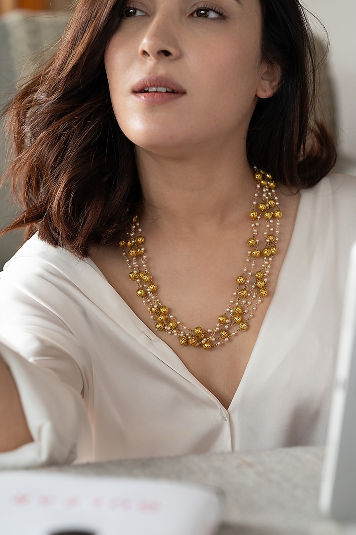 Gold Plated Shell Pearl Layered Necklace by Do Taara at Pernia's Pop Up Shop