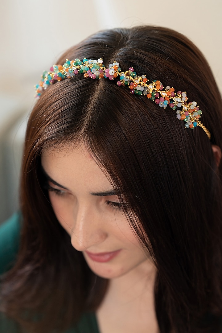 Gold Plated Multi-Colored Onyx & Kundan Headband by Do Taara at Pernia's Pop Up Shop