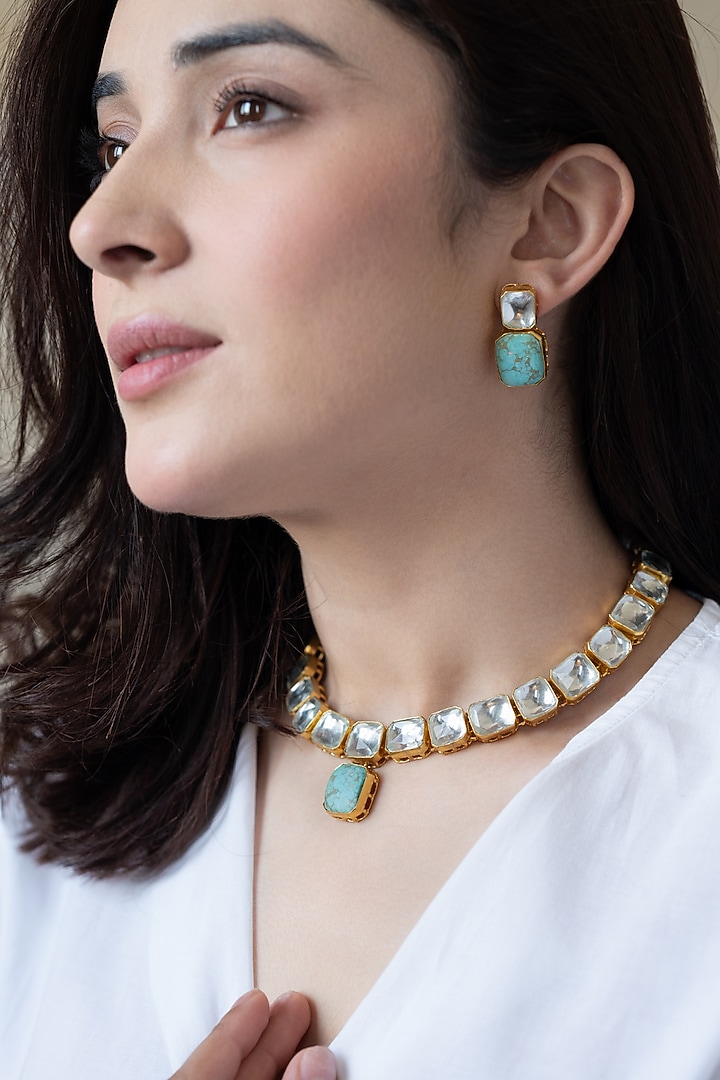 Gold Plated Kundan Polki & Turquoise Stone Necklace Set by Do Taara at Pernia's Pop Up Shop