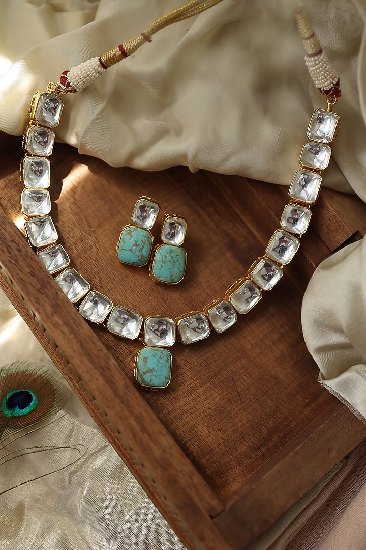 Gold Plated Kundan Polki & Turquoise Stone Necklace Set by Do Taara at Pernia's Pop Up Shop