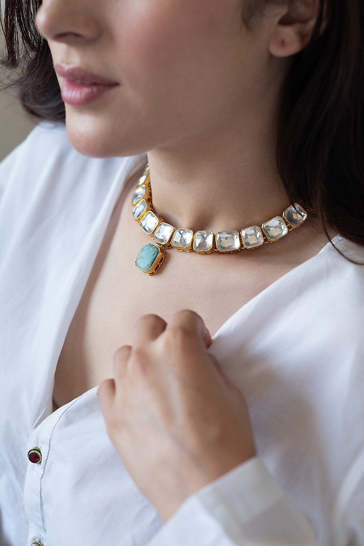 Gold Plated Kundan Polki & Turquoise Stone Necklace Set by Do Taara at Pernia's Pop Up Shop