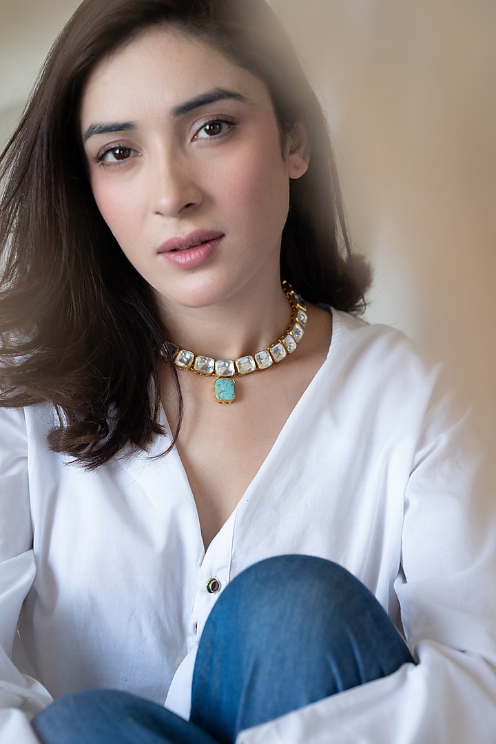 Gold Plated Kundan Polki & Turquoise Stone Necklace Set by Do Taara at Pernia's Pop Up Shop