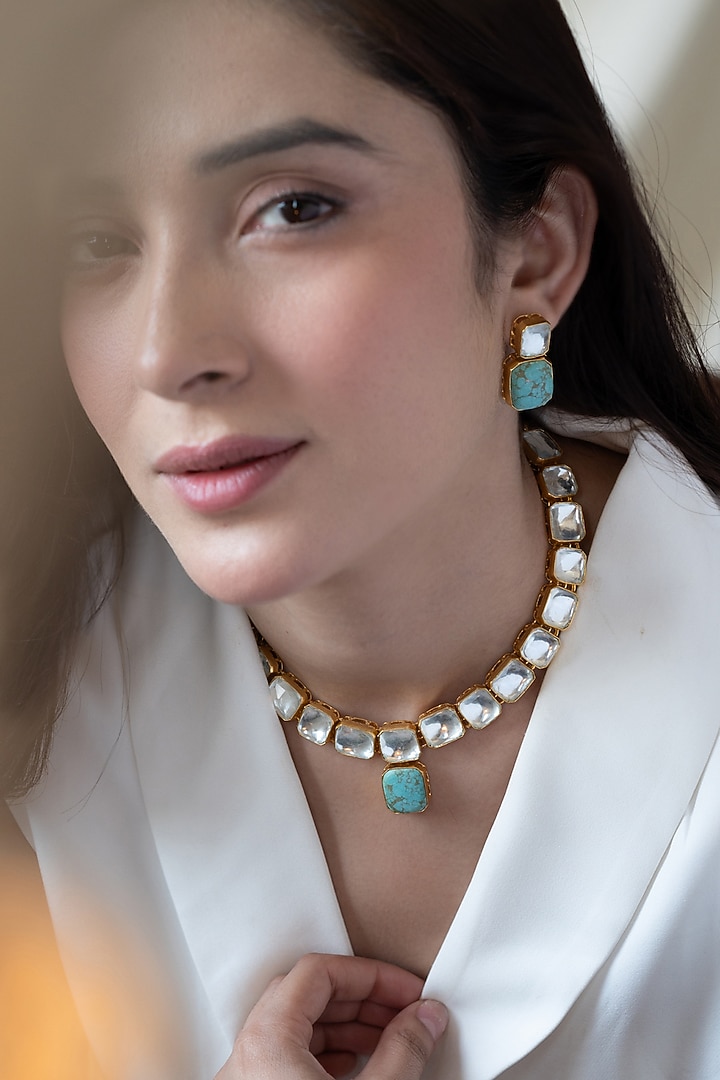 Gold Plated Kundan Polki & Turquoise Stone Necklace Set by Do Taara at Pernia's Pop Up Shop