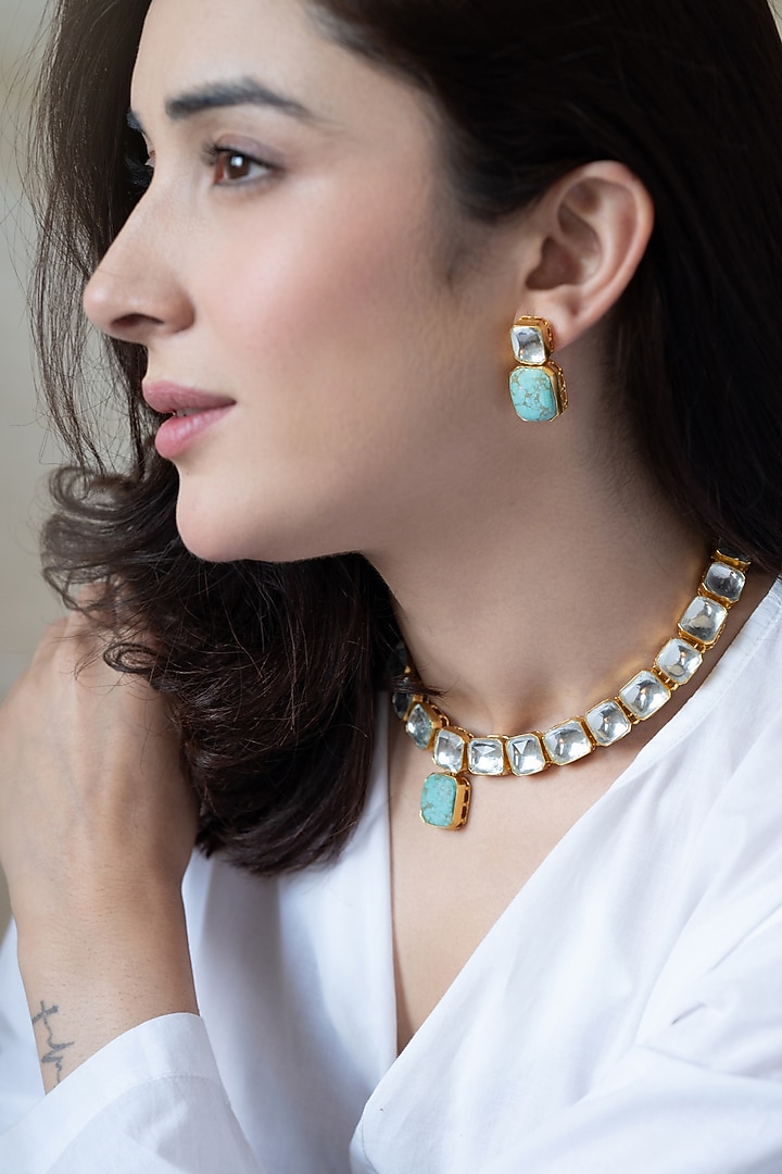 Gold Plated Kundan Polki & Turquoise Stone Necklace Set by Do Taara at Pernia's Pop Up Shop