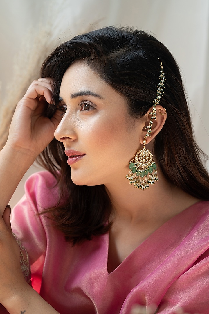 Gold Plated Kundan Polki & Mint Fluorite Stone Dangler Earrings by Do Taara at Pernia's Pop Up Shop