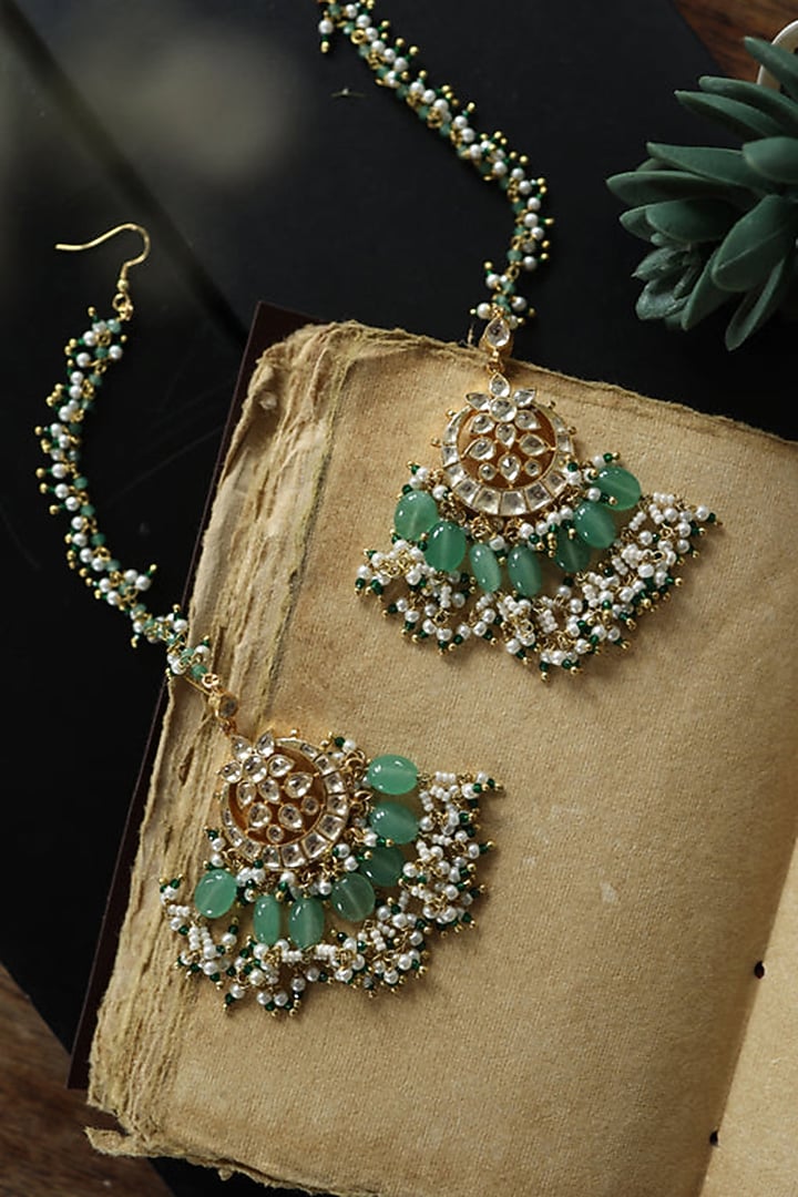 Gold Plated Kundan Polki & Mint Fluorite Stone Dangler Earrings by Do Taara at Pernia's Pop Up Shop