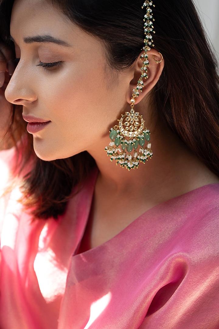 Gold Plated Kundan Polki & Mint Fluorite Stone Dangler Earrings by Do Taara at Pernia's Pop Up Shop