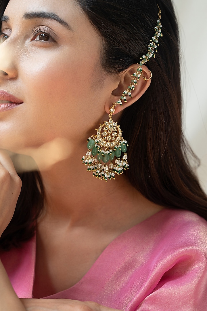 Gold Plated Kundan Polki & Mint Fluorite Stone Dangler Earrings by Do Taara at Pernia's Pop Up Shop
