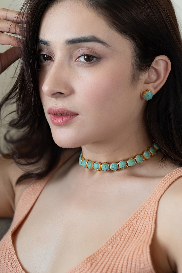 Gold Plated Turquoise Stone Necklace Set by Do Taara at Pernia's Pop Up Shop