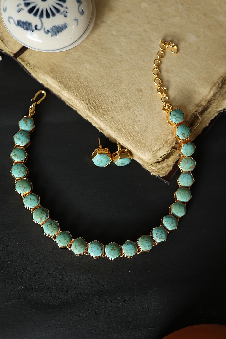 Gold Plated Turquoise Stone Necklace Set by Do Taara at Pernia's Pop Up Shop