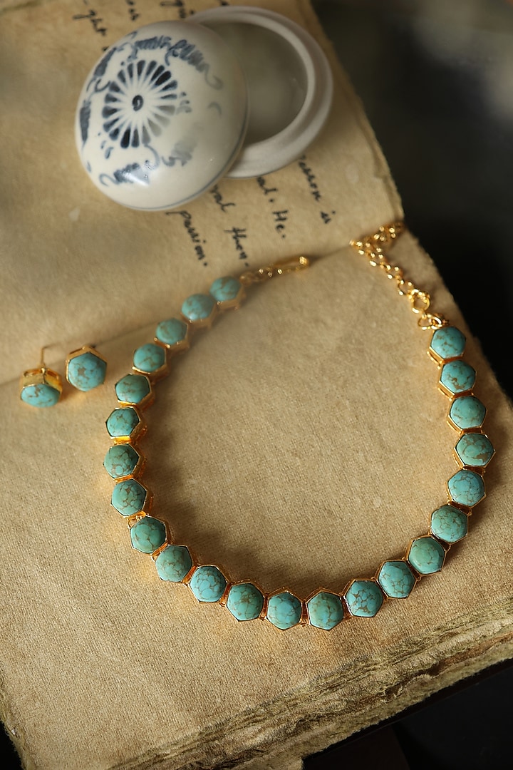 Gold Plated Turquoise Stone Necklace Set by Do Taara at Pernia's Pop Up Shop