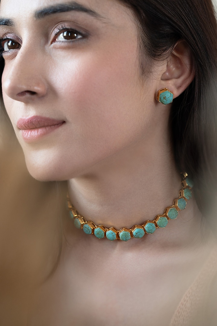 Gold Plated Turquoise Stone Necklace Set by Do Taara at Pernia's Pop Up Shop