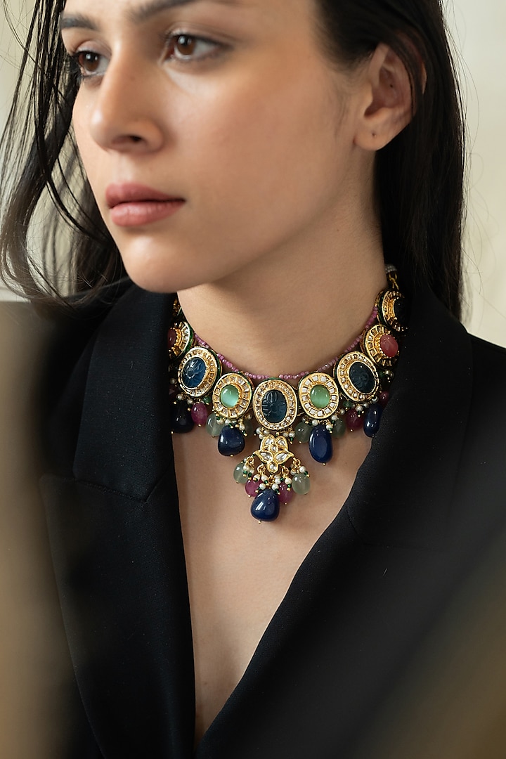 Gold Plated Kundan Polki & Multi-Colored Agate Stone Necklace by Do Taara at Pernia's Pop Up Shop