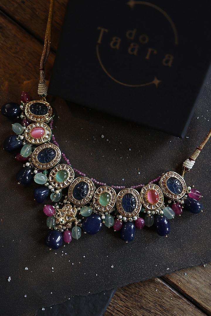 Gold Plated Kundan Polki & Multi-Colored Agate Stone Necklace by Do Taara at Pernia's Pop Up Shop