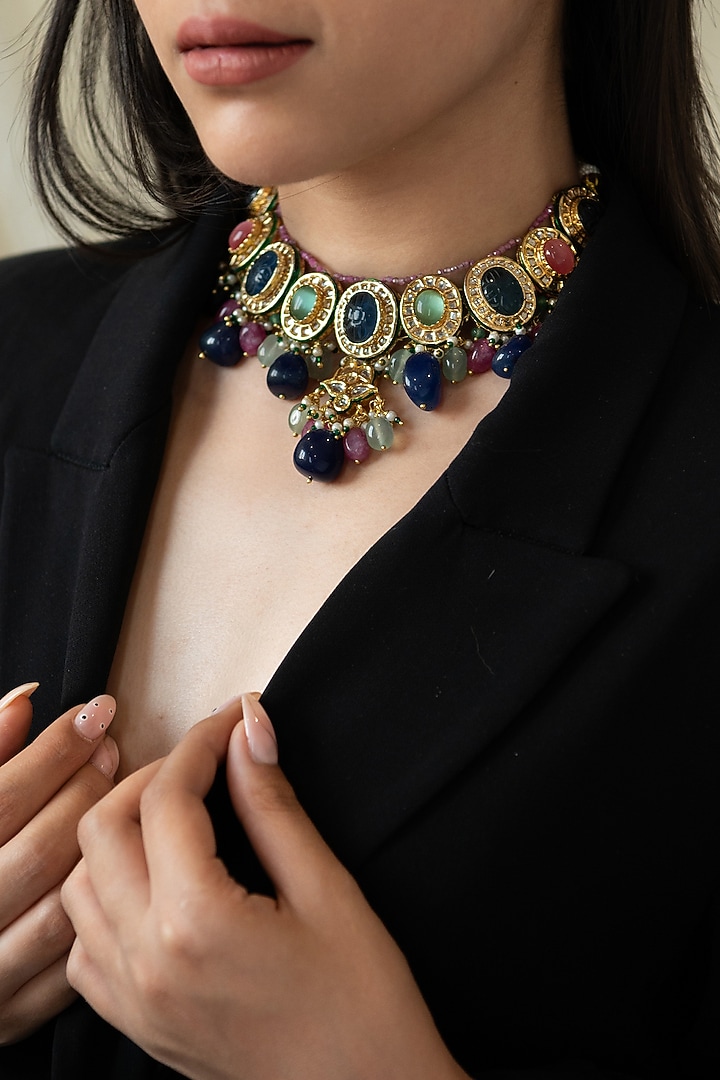 Gold Plated Kundan Polki & Multi-Colored Agate Stone Necklace by Do Taara at Pernia's Pop Up Shop