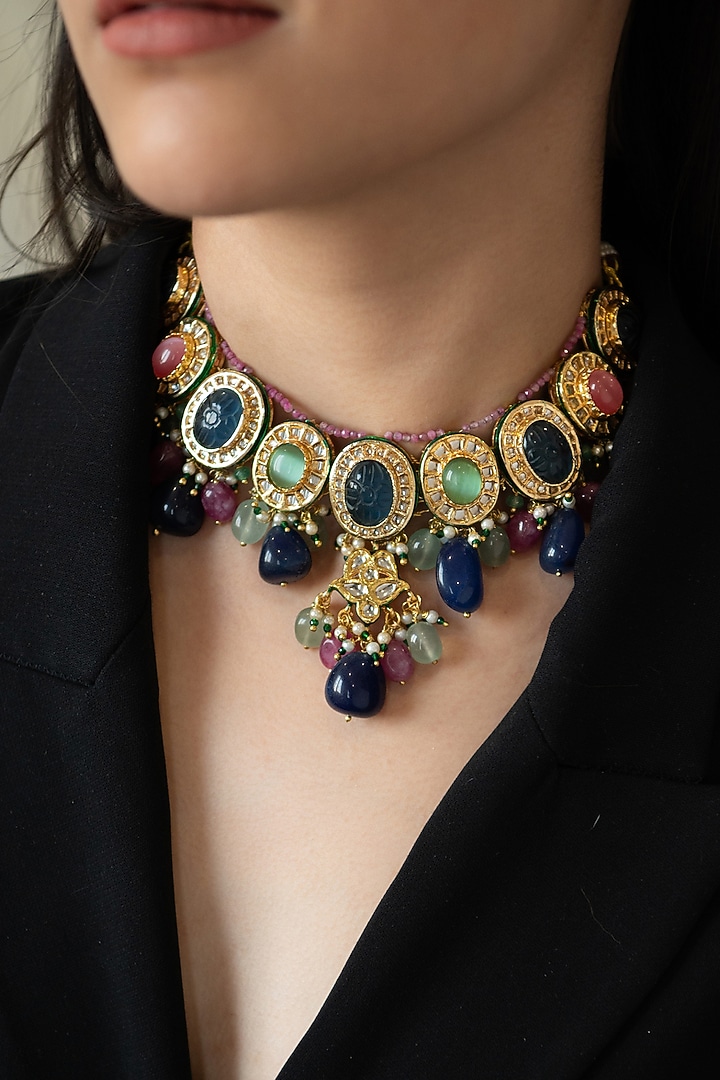 Gold Plated Kundan Polki & Multi-Colored Agate Stone Necklace by Do Taara at Pernia's Pop Up Shop
