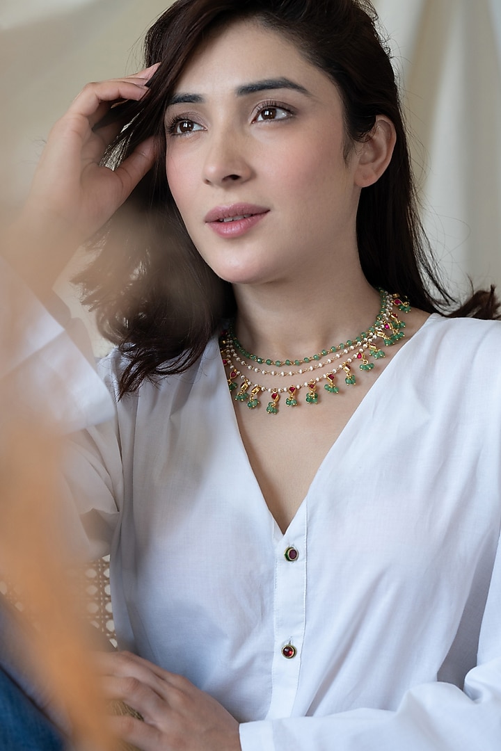 Gold Plated Mint Kundan Polki & Green Onyx Layered Necklace by Do Taara at Pernia's Pop Up Shop