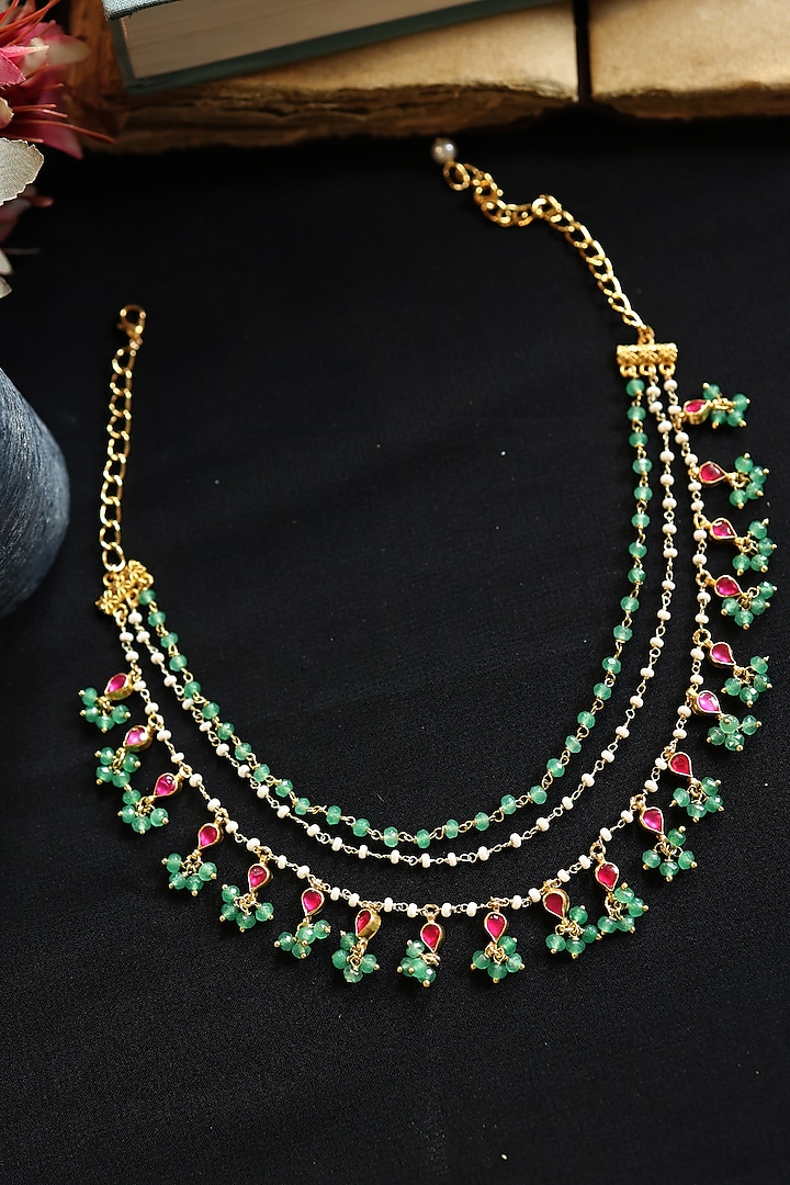 Gold Plated Mint Kundan Polki & Green Onyx Layered Necklace by Do Taara at Pernia's Pop Up Shop