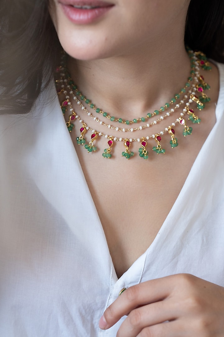 Gold Plated Mint Kundan Polki & Green Onyx Layered Necklace by Do Taara at Pernia's Pop Up Shop