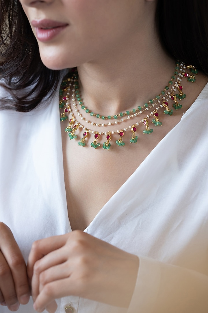 Gold Plated Mint Kundan Polki & Green Onyx Layered Necklace by Do Taara at Pernia's Pop Up Shop