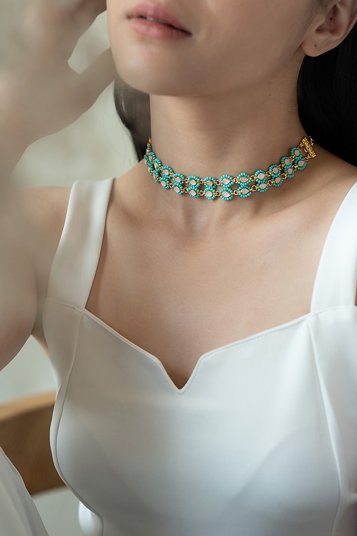 Gold Plated Kundan Polki & Turquoise Beaded Necklace by Do Taara at Pernia's Pop Up Shop