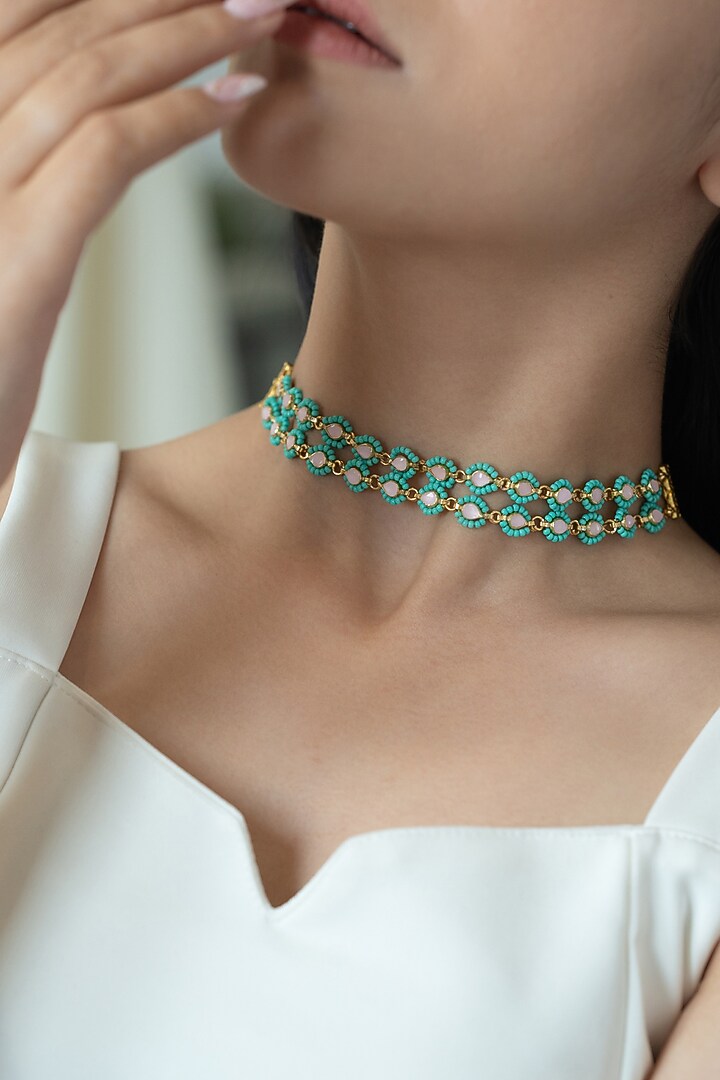 Gold Plated Kundan Polki & Turquoise Beaded Necklace by Do Taara at Pernia's Pop Up Shop