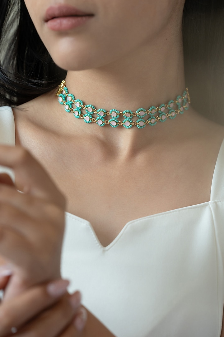 Gold Plated Kundan Polki & Turquoise Beaded Necklace by Do Taara at Pernia's Pop Up Shop