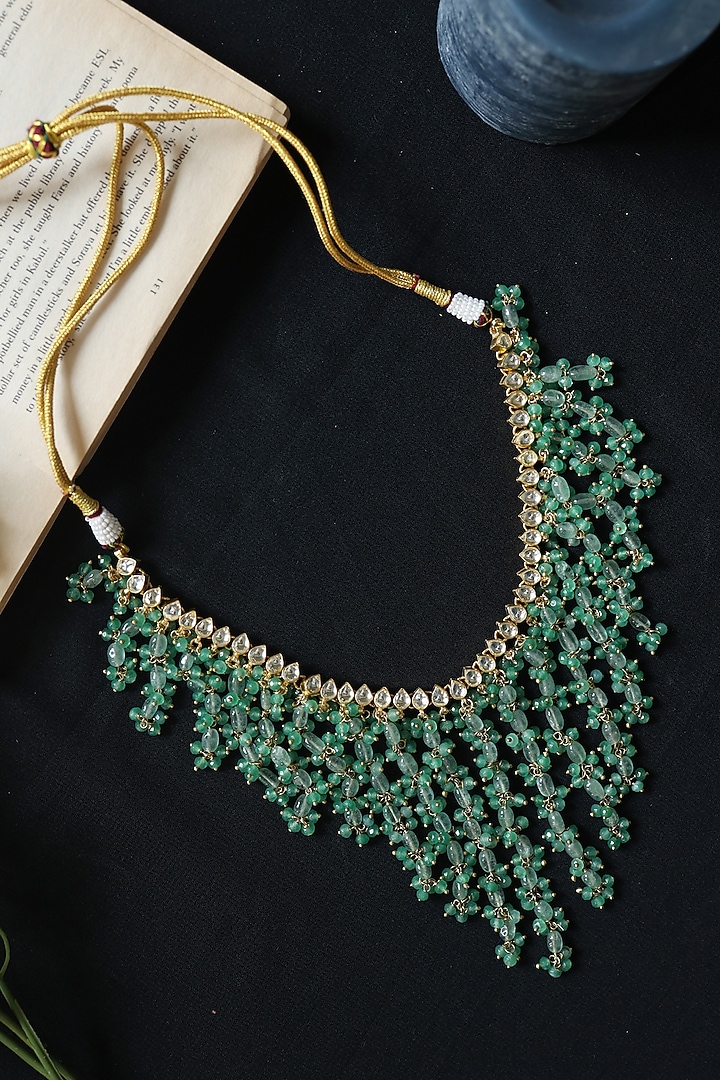 Gold Plated Mint Kundan Polki & Fluorite Stone Necklace by Do Taara at Pernia's Pop Up Shop