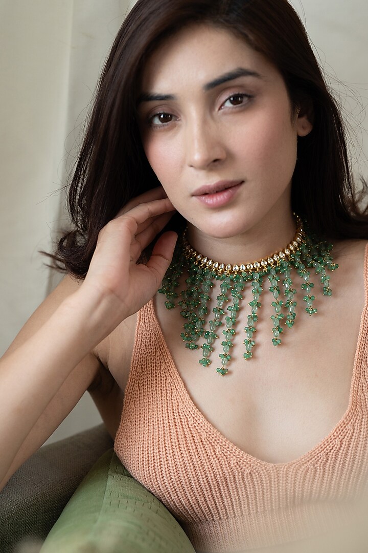 Gold Plated Mint Kundan Polki & Fluorite Stone Necklace by Do Taara at Pernia's Pop Up Shop