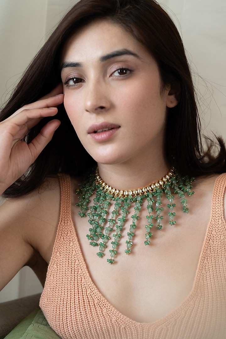 Gold Plated Mint Kundan Polki & Fluorite Stone Necklace by Do Taara at Pernia's Pop Up Shop