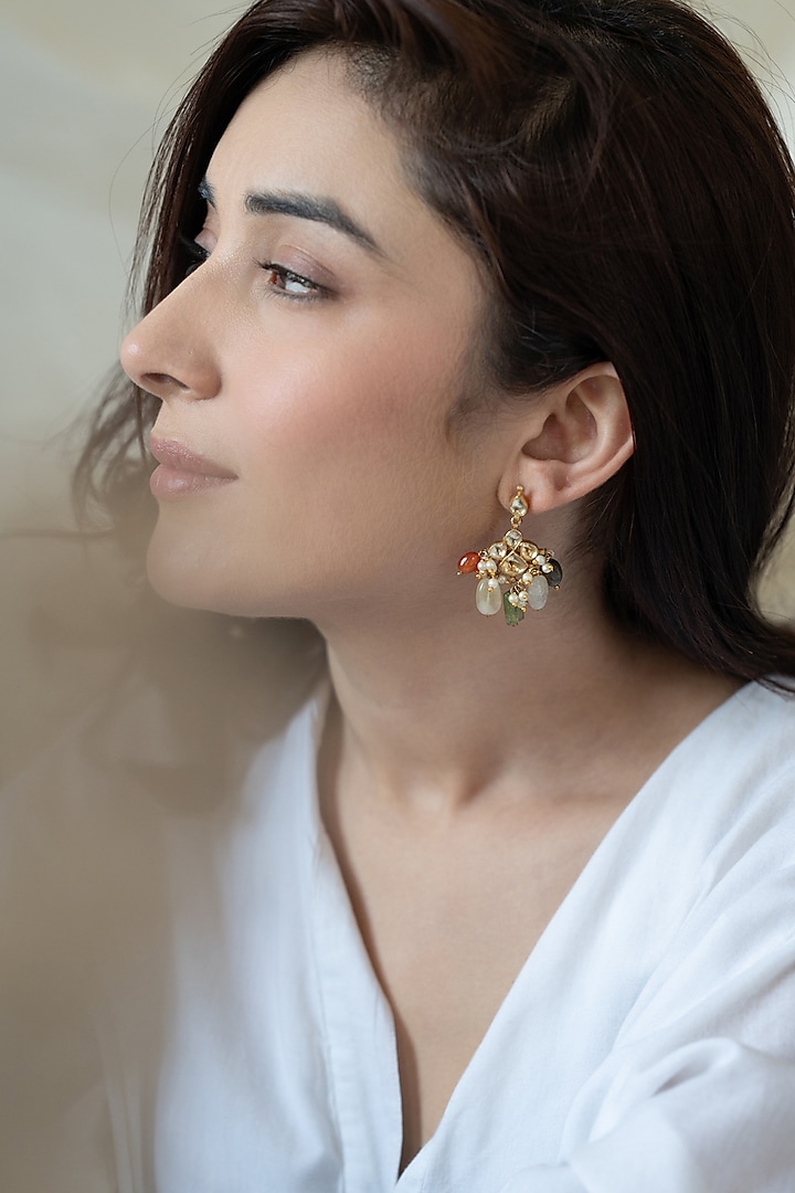 Gold Plated Floral Kundan Polki & Multi-Colored Natural Stone Dangler Earrings by Do Taara at Pernia's Pop Up Shop