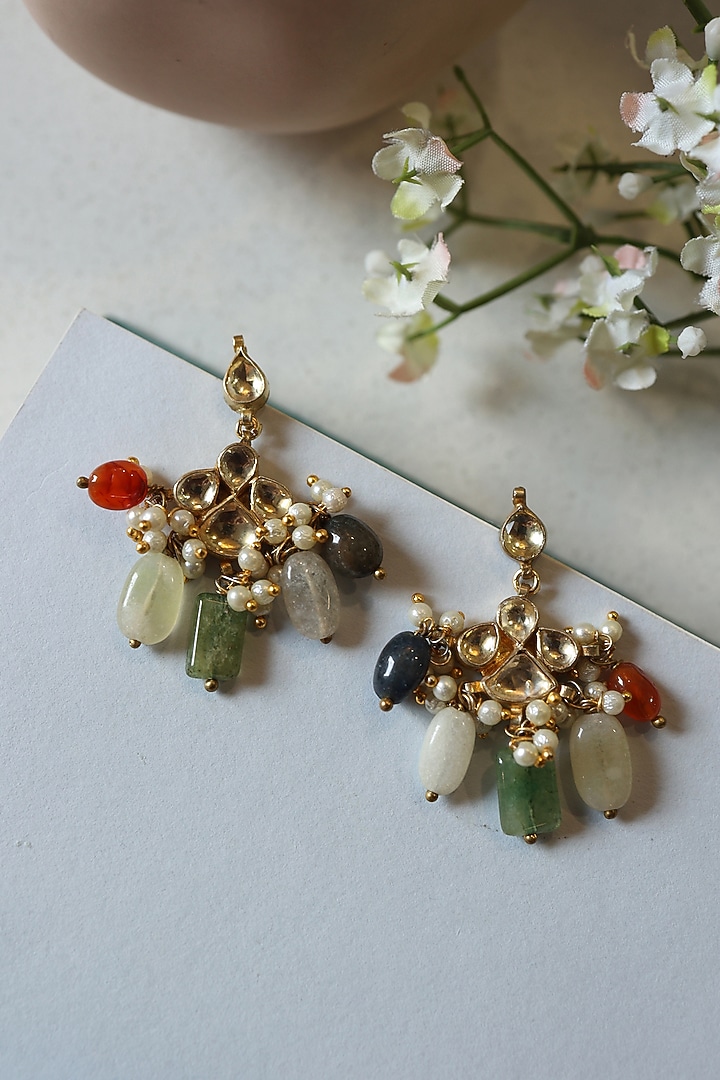 Gold Plated Floral Kundan Polki & Multi-Colored Natural Stone Dangler Earrings by Do Taara at Pernia's Pop Up Shop