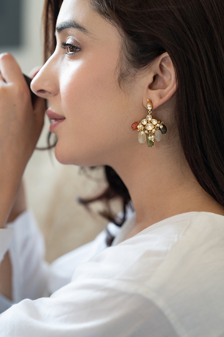 Gold Plated Floral Kundan Polki & Multi-Colored Natural Stone Dangler Earrings by Do Taara at Pernia's Pop Up Shop