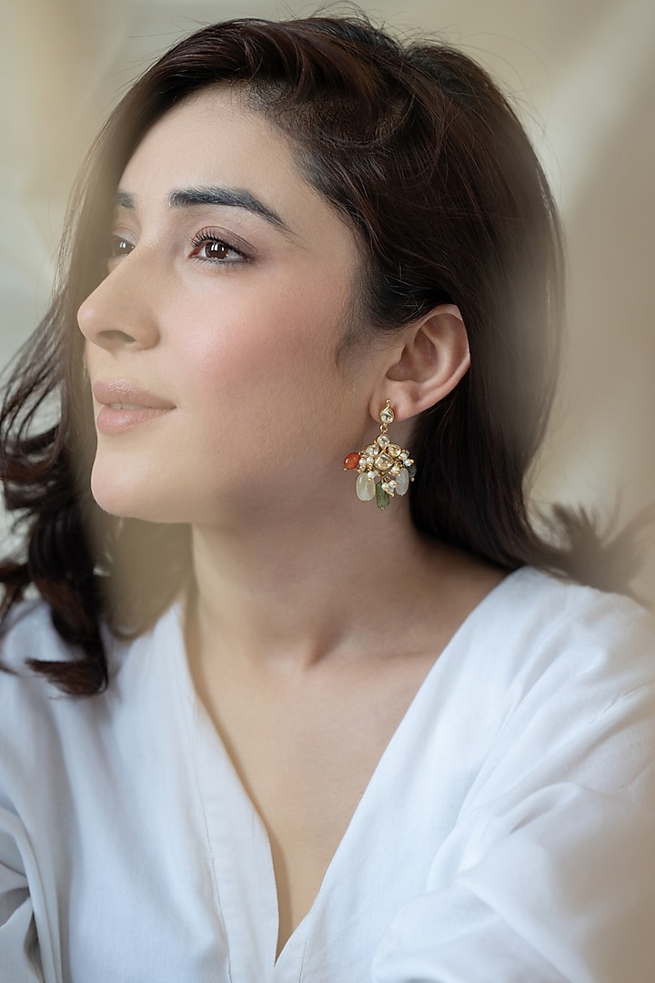 Gold Plated Floral Kundan Polki & Multi-Colored Natural Stone Dangler Earrings by Do Taara at Pernia's Pop Up Shop
