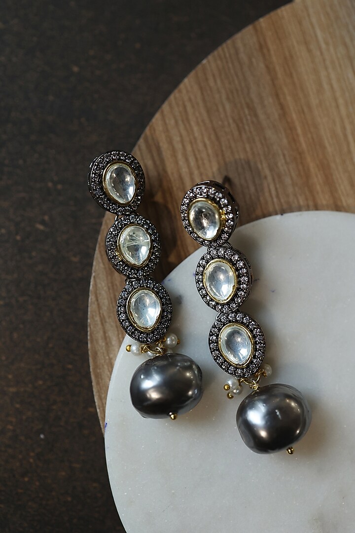 Black Rhodium Finish Grey Polk Stone & Pearl Dangler Earrings by Do Taara at Pernia's Pop Up Shop
