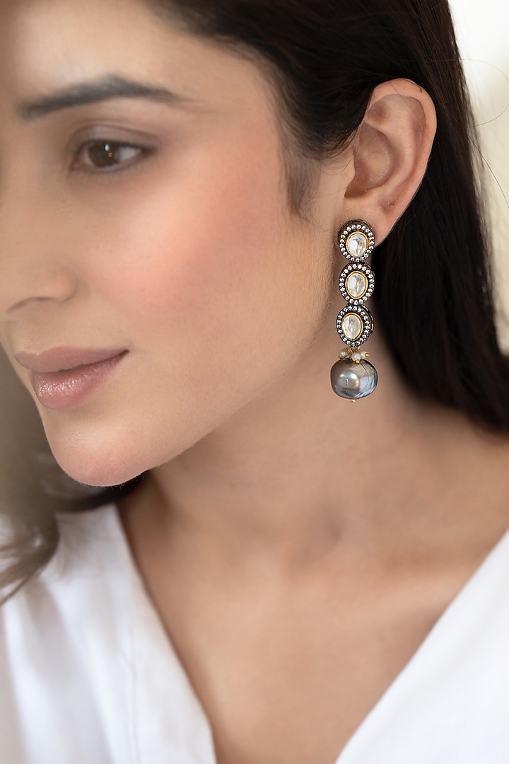 Black Rhodium Finish Grey Polk Stone & Pearl Dangler Earrings by Do Taara at Pernia's Pop Up Shop