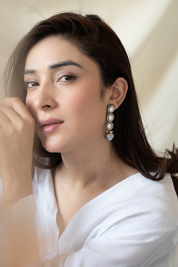 Black Rhodium Finish Grey Polk Stone & Pearl Dangler Earrings by Do Taara at Pernia's Pop Up Shop