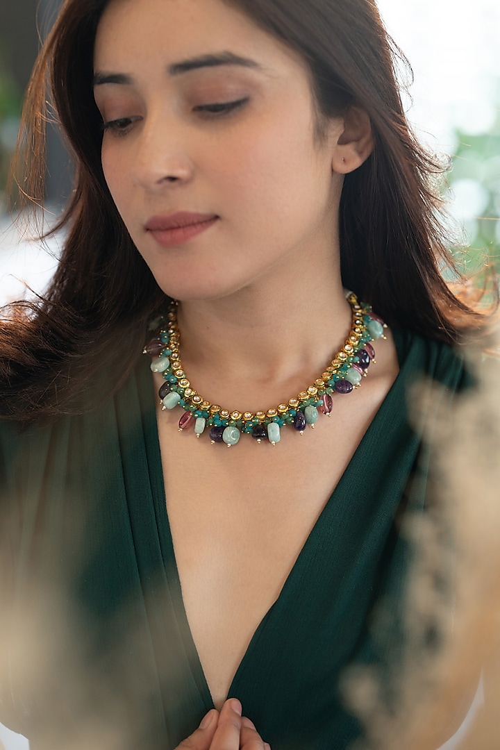 Gold Plated Multi-Colored Onyx & Natural Stone Necklace by Do Taara