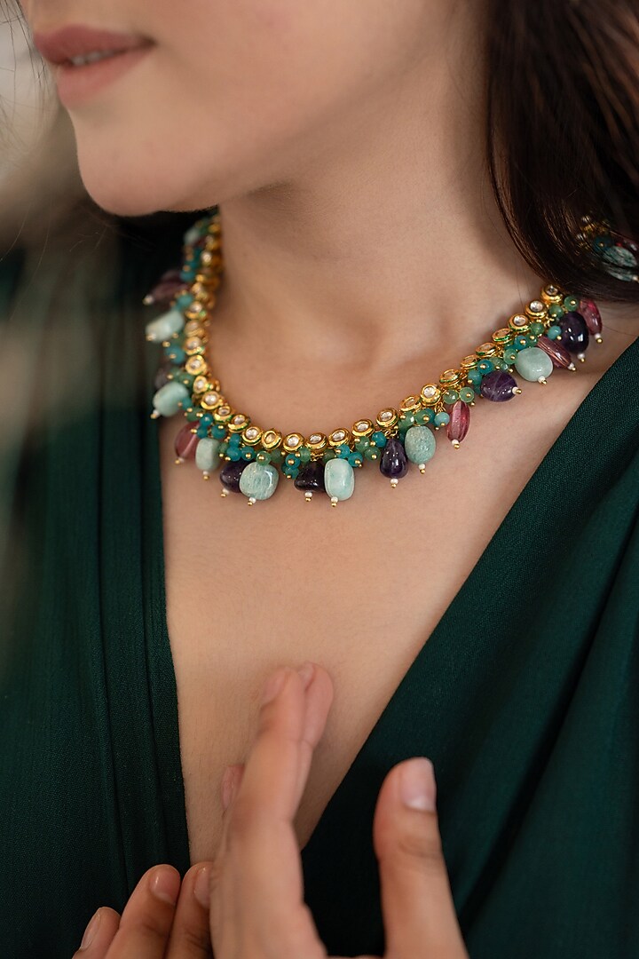 Gold Plated Multi-Colored Onyx & Natural Stone Necklace by Do Taara at Pernia's Pop Up Shop