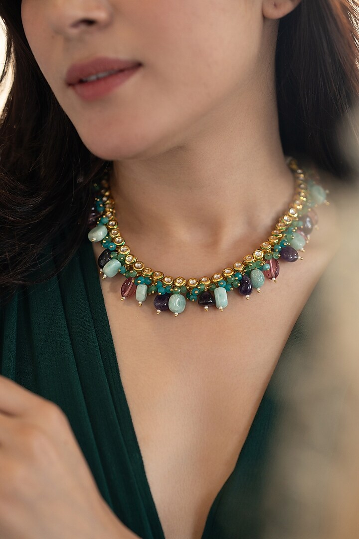 Gold Plated Multi-Colored Onyx & Natural Stone Necklace by Do Taara at Pernia's Pop Up Shop