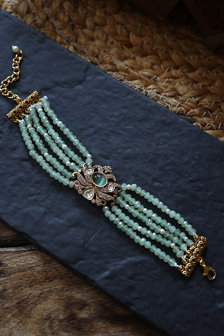 Gold Plated Mint Onyx & Cubic Zirconia Adjustable Bracelet by Do Taara at Pernia's Pop Up Shop